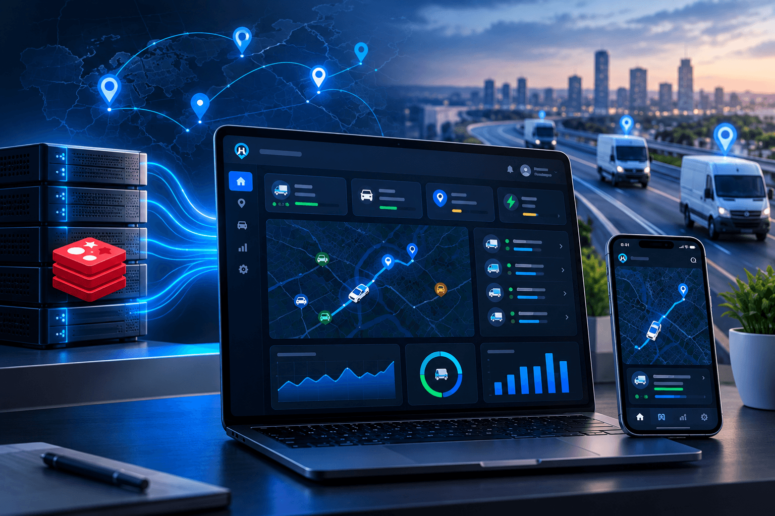 Fleet admin telemetry — Redis-cached location lookups + optimized WebSockets cut API response times by 54%.
